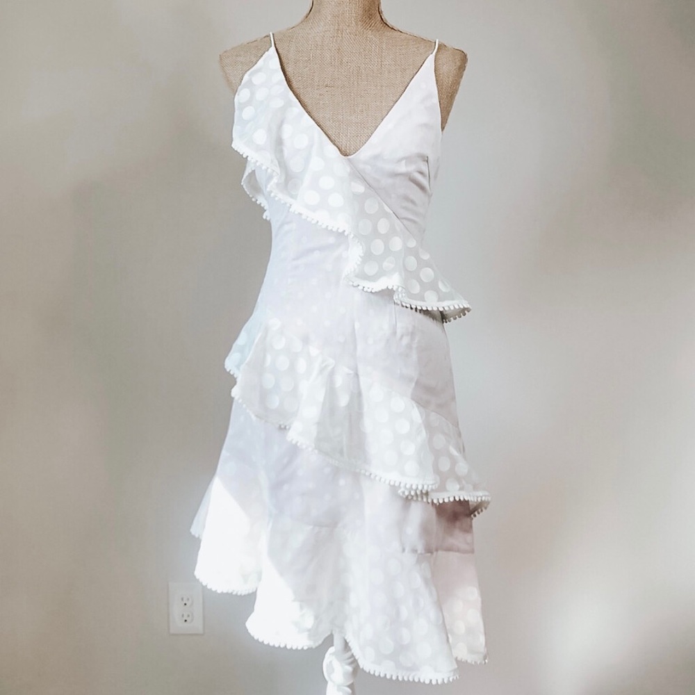 Keepsake See You Now Ivory Polka Dot Asymmetrical Ruffle Dress XS - Picture 2 of 16